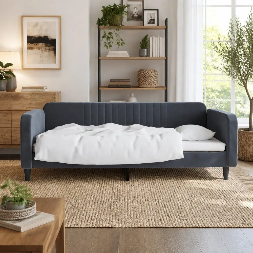 Day Bed Sofa Bed Frame Velvet Grey 90x190 cm Sleeping Couch Guest Furniture