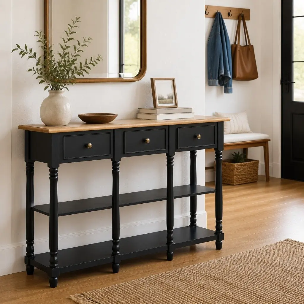 Black Console Table with Storage Drawers and Shelves 110 x 30 x 76 cm for Entryway Hallway