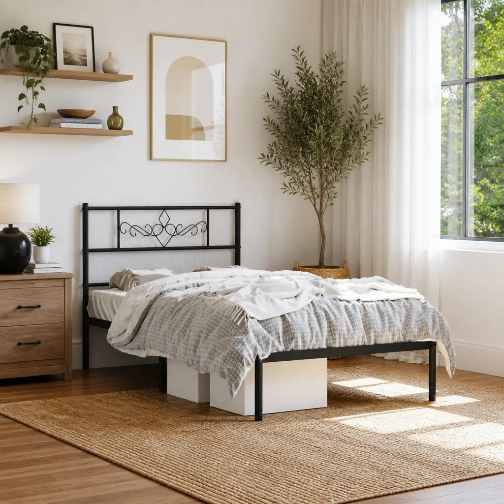 Metal Bed Frame King Single Black Steel Slats Headboard 107x203cm