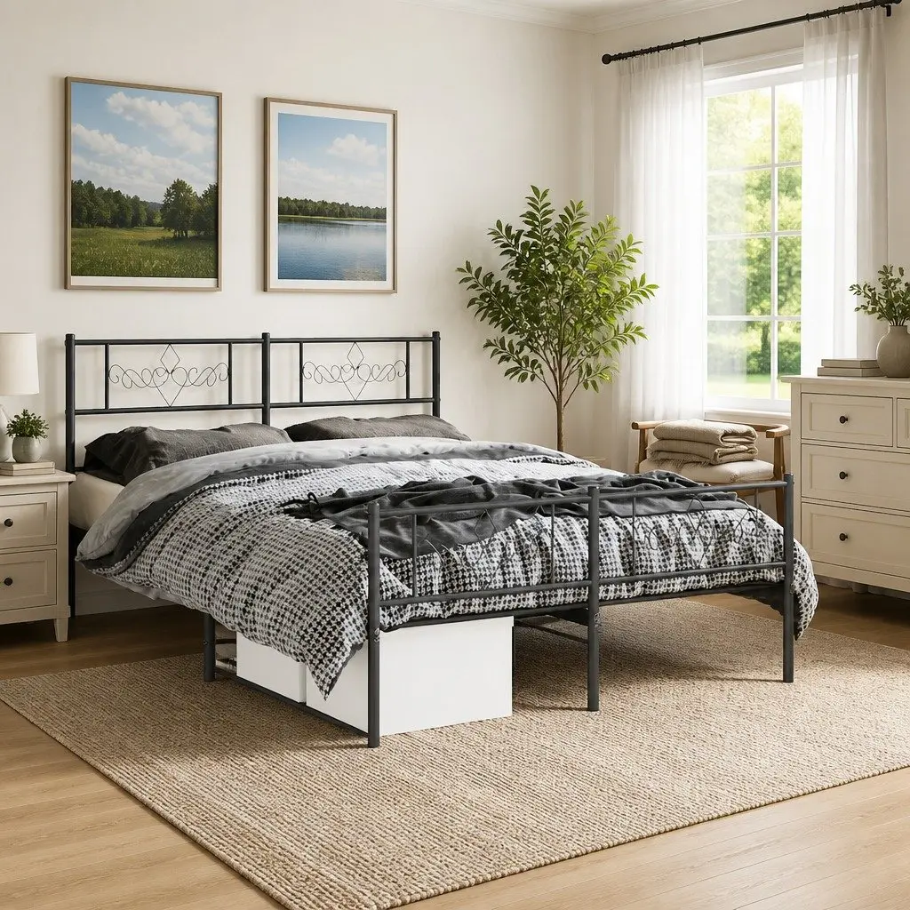Metal Bed Frame Black with Headboard Footboard 135x190 cm