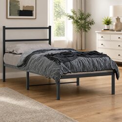 Metal Bed Frame 90x190 cm with Headboard Slatted Base Storage Black