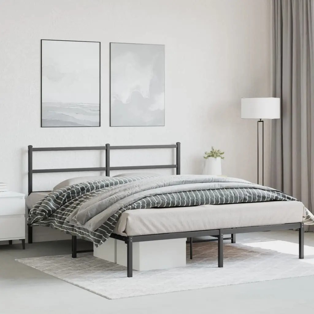 Metal Bed Frame with Headboard Black 150x200 cm Steel Slats Centre Legs