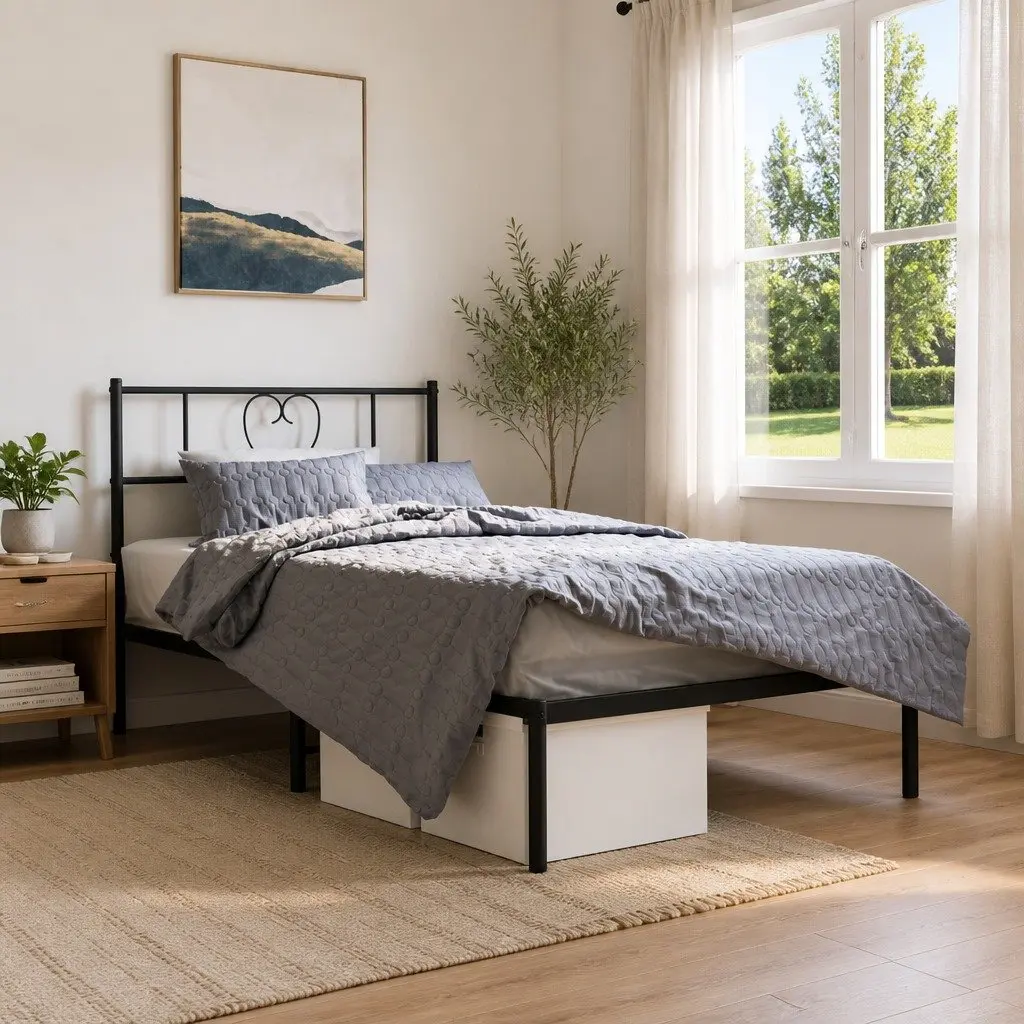 Metal Bed Frame King Size Powder-Coated Steel 107x203 cm with Headboard Black