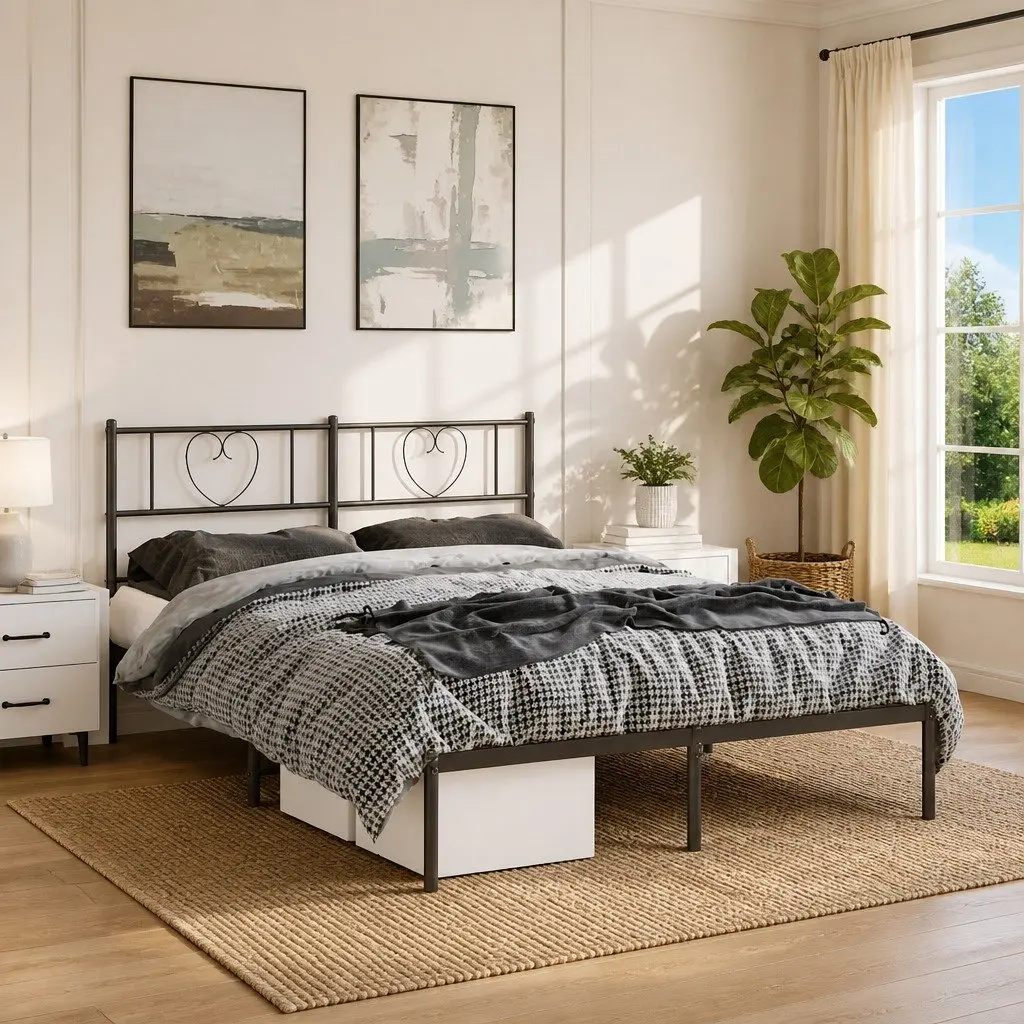 Metal Bed Frame with Headboard Black 150x200 cm