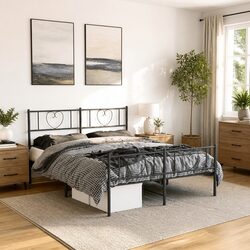 Metal Bed Frame 135x190 cm with Footboard Slatted Base Bedroom Furniture Black