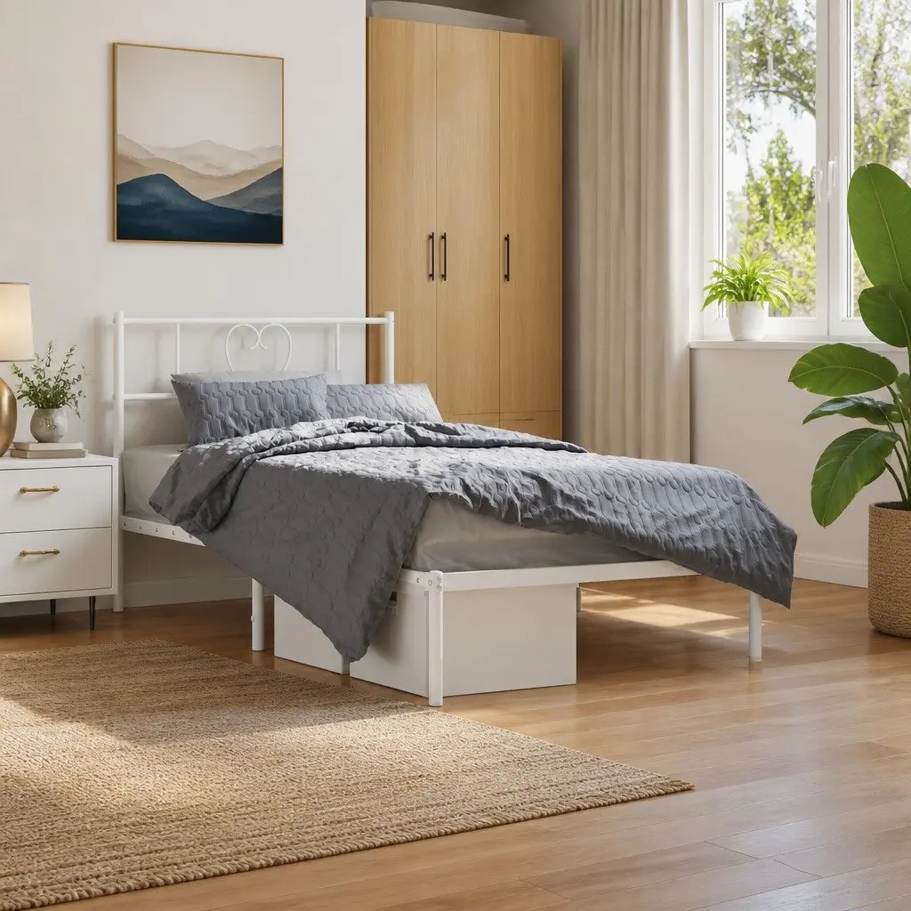 White Metal Bed Frame King Single with Headboard