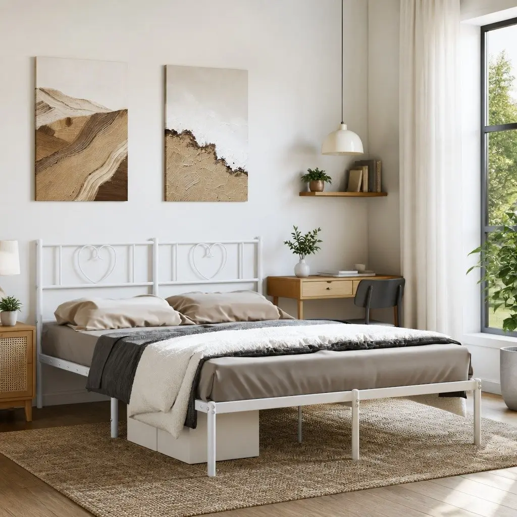 Metal Bed Frame with Headboard White 150x200 cm Steel Slatted