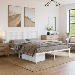 Metal Bed Frame 150x200 cm with Headboard Slatted Base White Bedroom Furniture