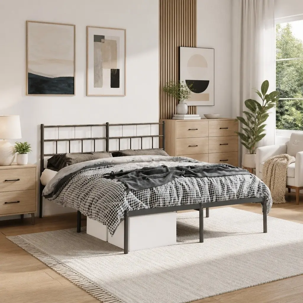 Black Metal Bed Frame 150x200 cm with Headboard