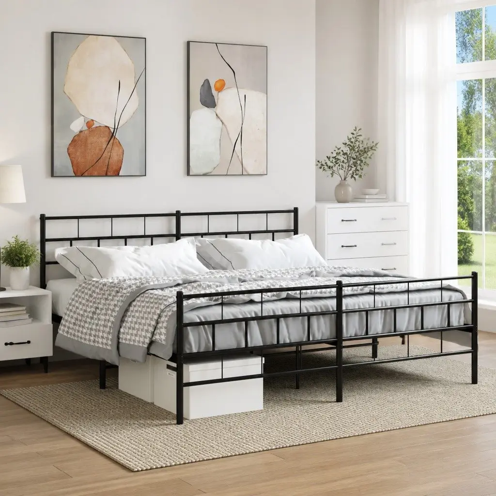 Metal Bed Frame King Size Black Sturdy Steel Construction with Headboard and Footboard