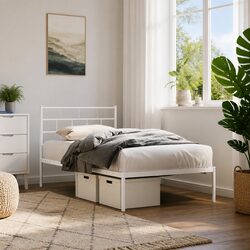 Metal Bed Frame King Single 107x203 cm with Headboard White Steel Bedroom