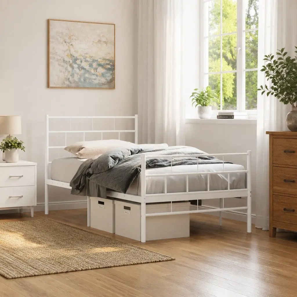 King Single Metal Bed Frame White Powder Coated Steel with Slatted Base and Footboard