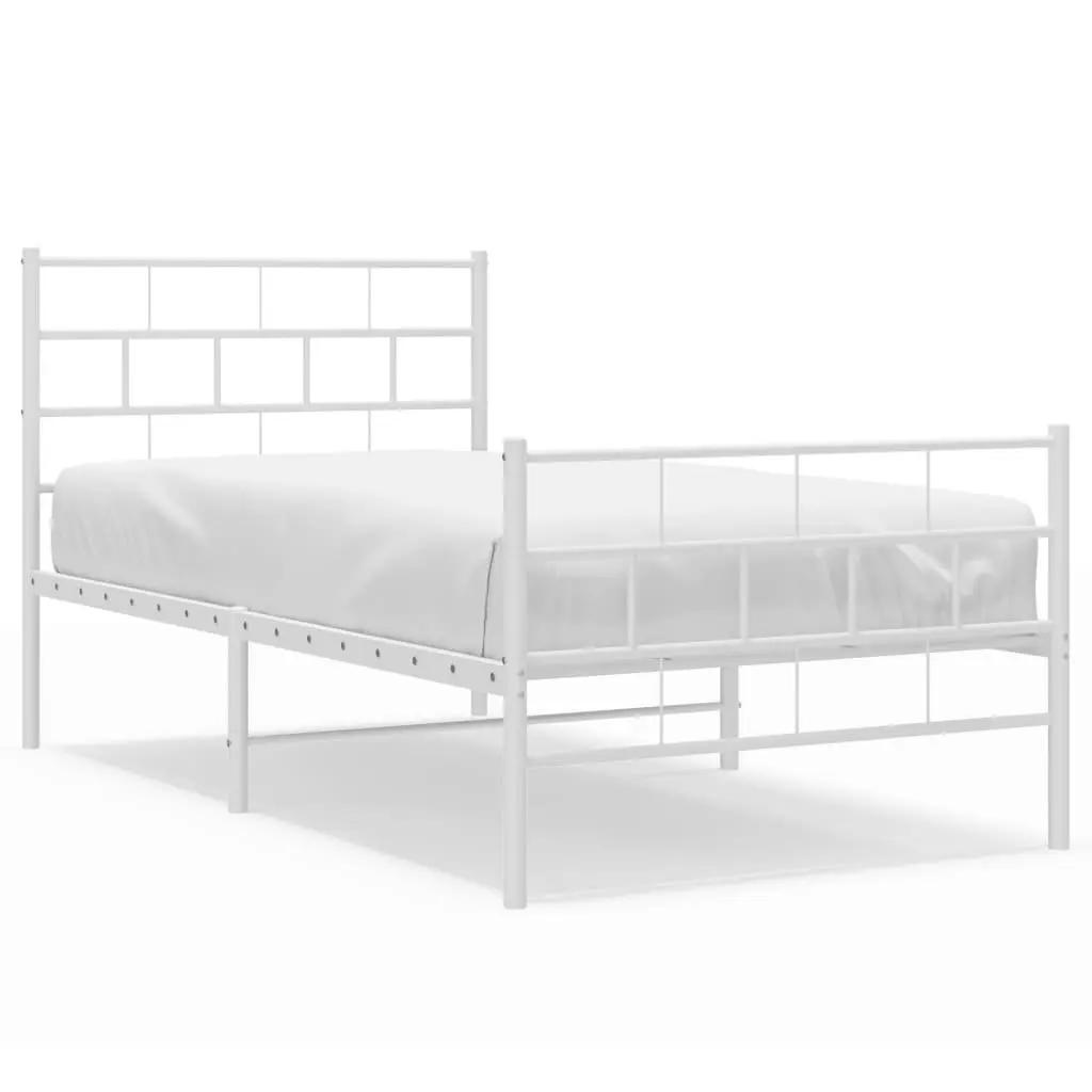 King Single Metal Bed Frame White Powder Coated Steel with Slatted Base and Footboard