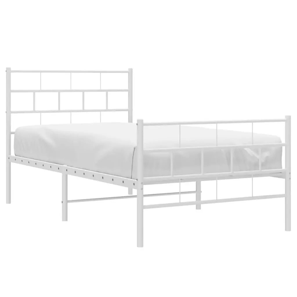 King Single Metal Bed Frame White Powder Coated Steel with Slatted Base and Footboard