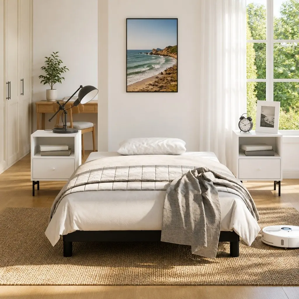 King Single Bed Frame Black Faux Leather Upholstered