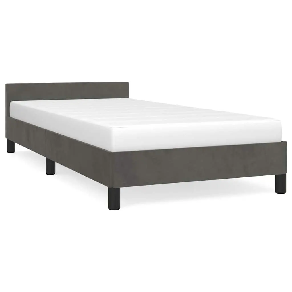 King Single Bed Frame Grey Velvet Upholstered Headboard Plywood Slats Support