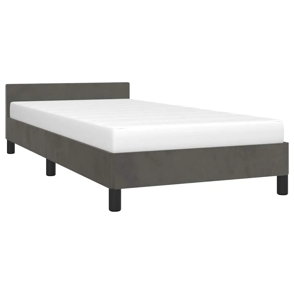 King Single Bed Frame Grey Velvet Upholstered Headboard Plywood Slats Support