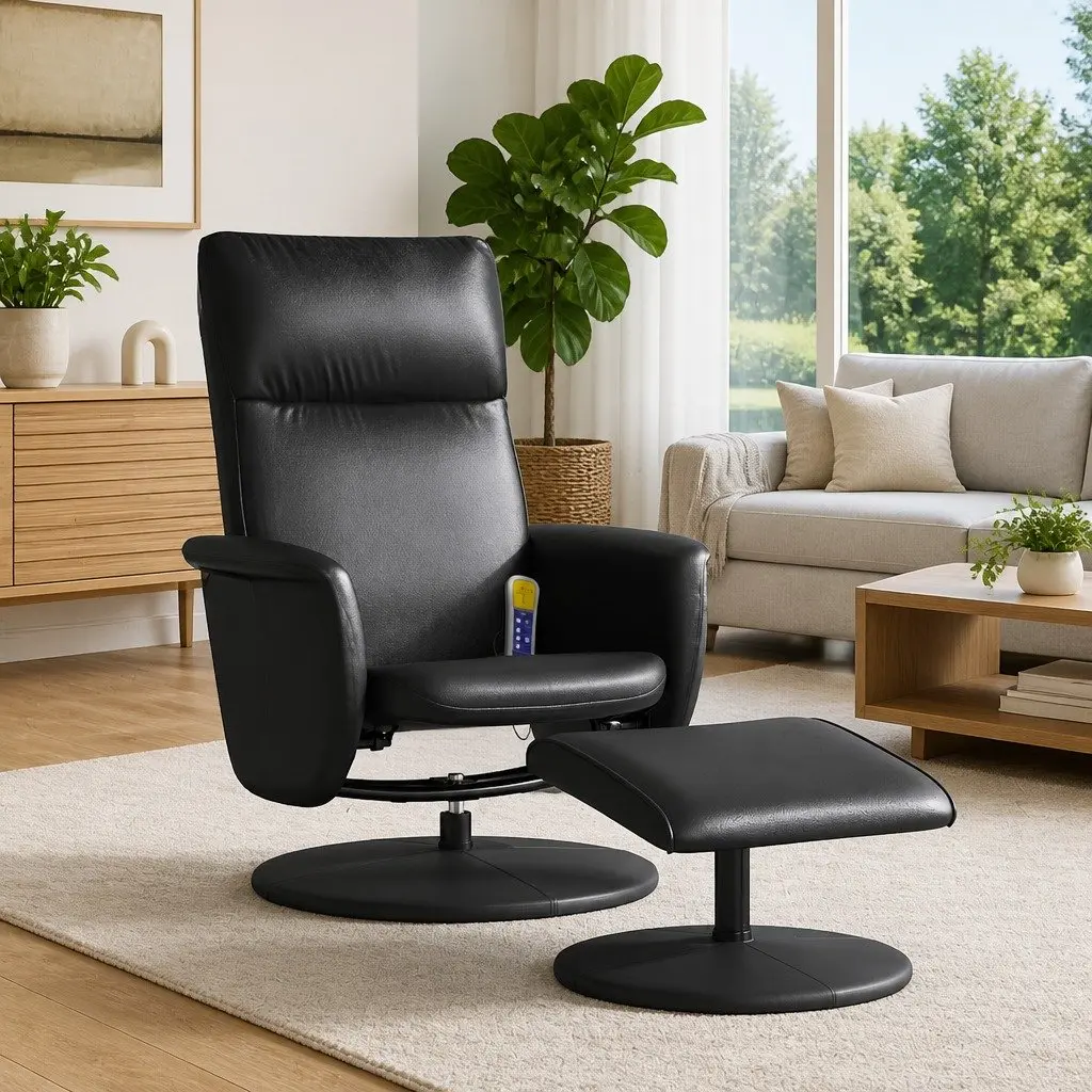 Massage Recliner Chair Swivel Black Faux Leather with Footstool 360 Degree