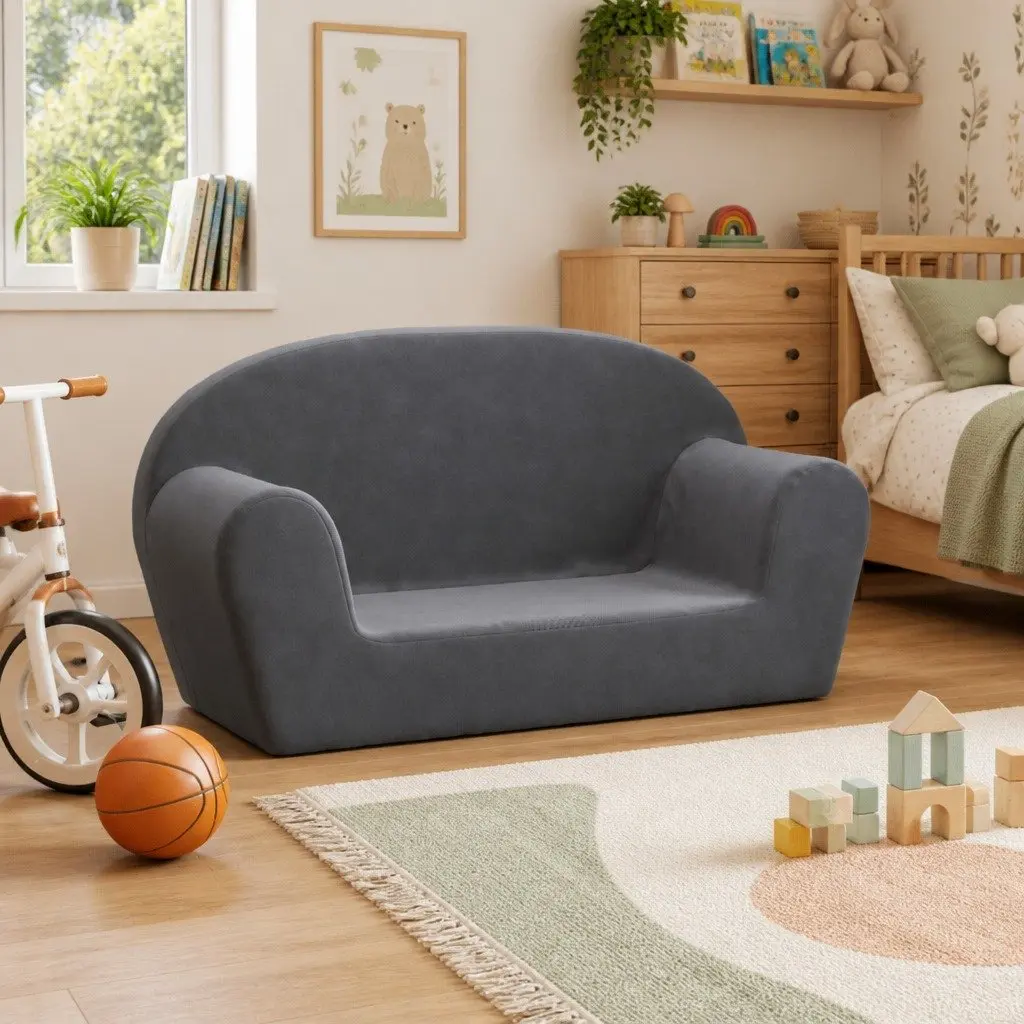 Kids Sofa 2-Seater Anthracite Soft Plush Couch Children's Lounge Chair Seat