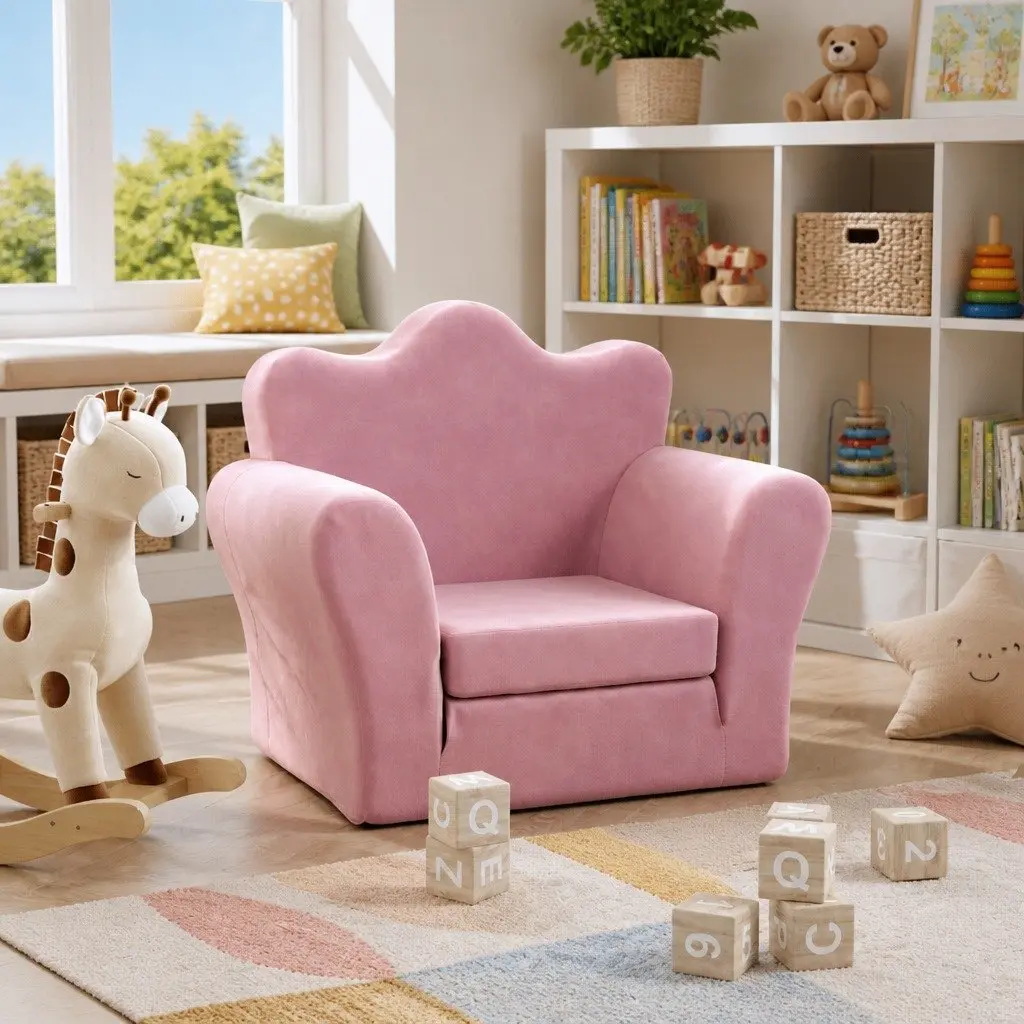 Kids Sofa Bed Pink Plush 2-in-1 Folding Armchair Soft Play Nap