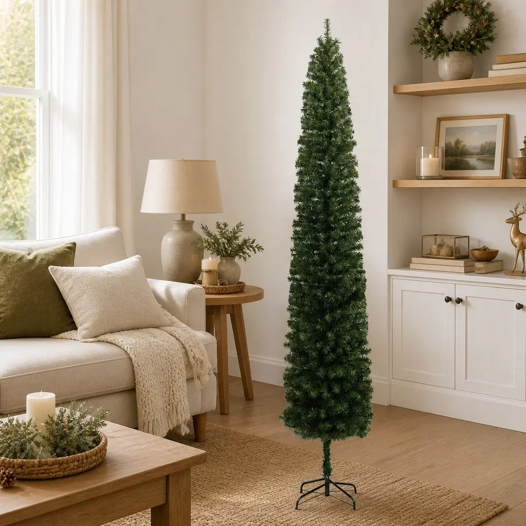Artificial Slim Pencil Christmas Tree 270cm Green with Metal Stand for Holiday Decoration
