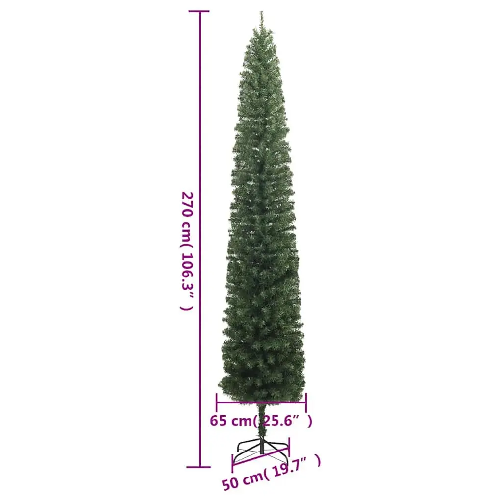 Artificial Slim Pencil Christmas Tree 270cm Green with Metal Stand for Holiday Decoration