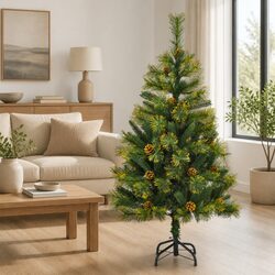 Artificial Hinged Christmas Tree 120cm Green with Cones Pine Needles Holiday