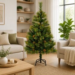 Artificial Hinged Christmas Tree 150cm Green with Pine Cones Holiday Seasonal