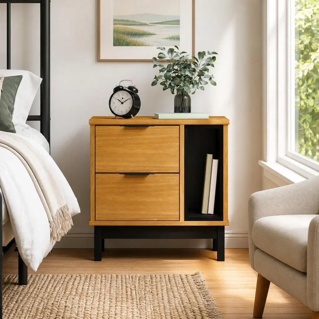 Bedside Cabinet Solid Pine Wood 2 Drawers Storage Nightstand Brown