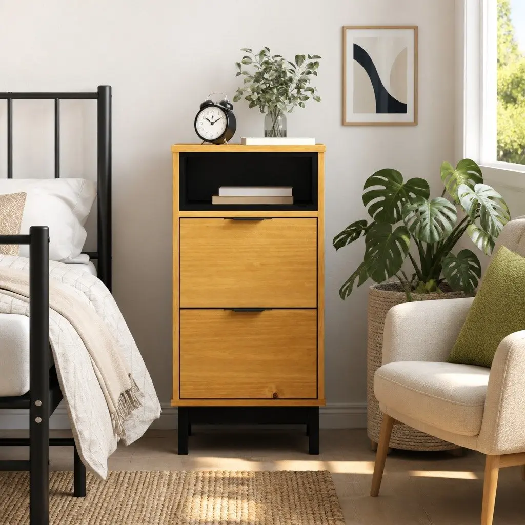 Bedside Cabinet Solid Pine Wood Brown 2 Drawers Storage Table