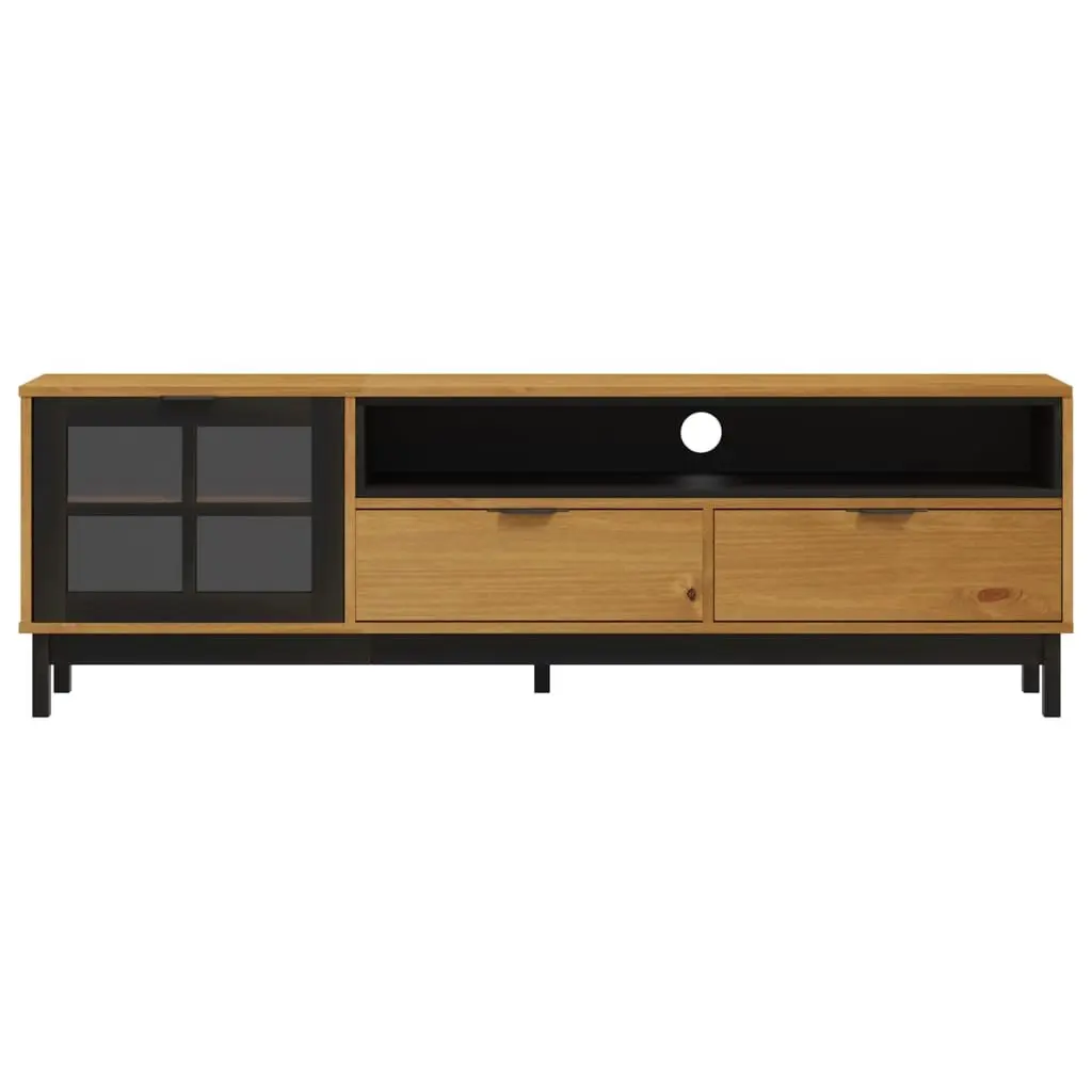 TV Cabinet with Glass Door Brown Solid Pine Wood Media Unit Storage 158x40x50cm