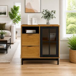 Solid Pine Wood Sideboard Storage Cabinet with Glass Door Brown 80x40x80cm