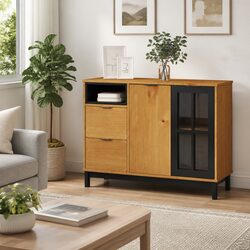 Solid Pine Wood Sideboard with Glass Door Brown Storage Cabinet 110x40x80cm