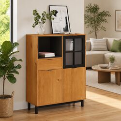 Brown Wooden Highboard Storage Cabinet with Glass Door Shelving Unit