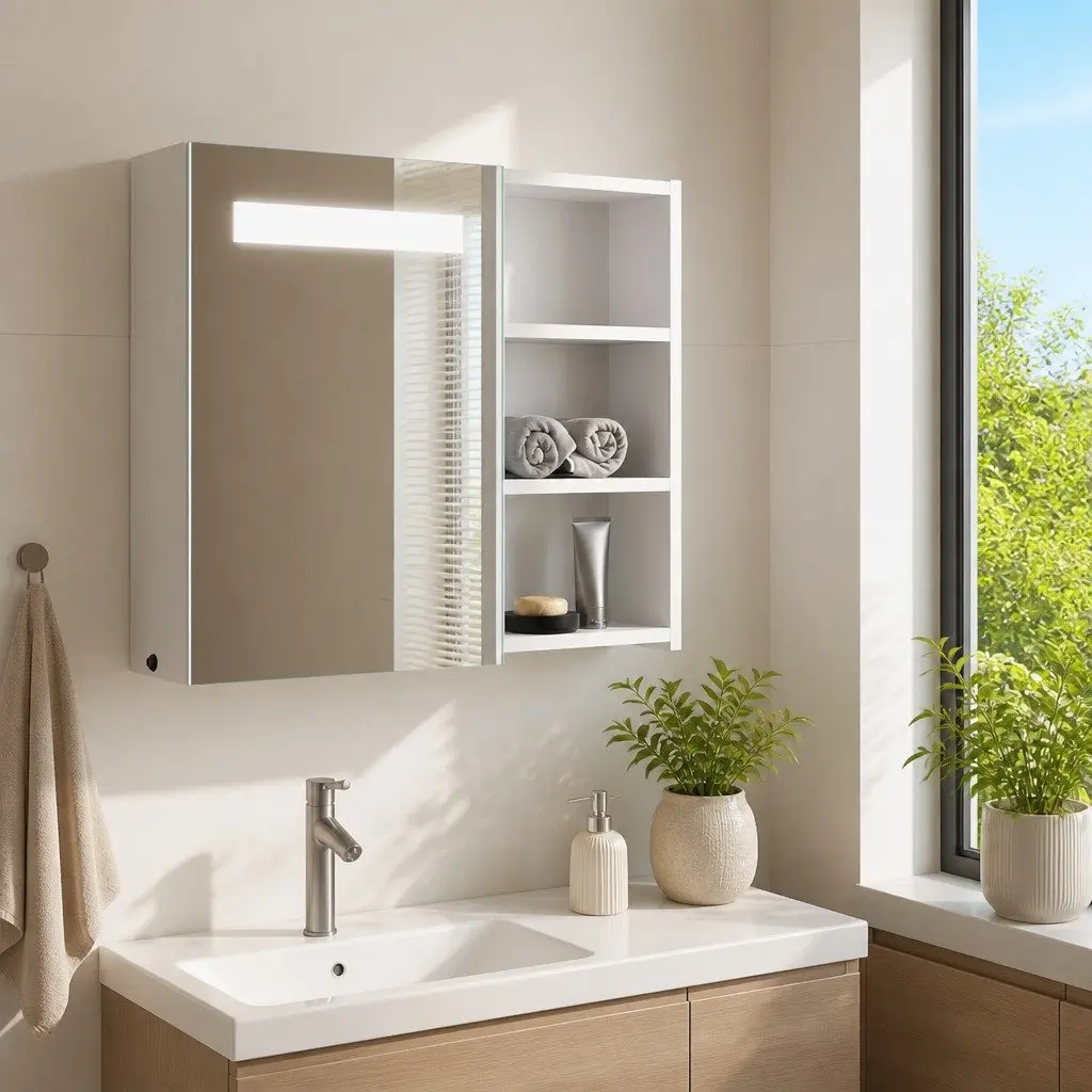 Bathroom Mirror Cabinet LED Light Wall-Mounted Storage 60x13x52cm