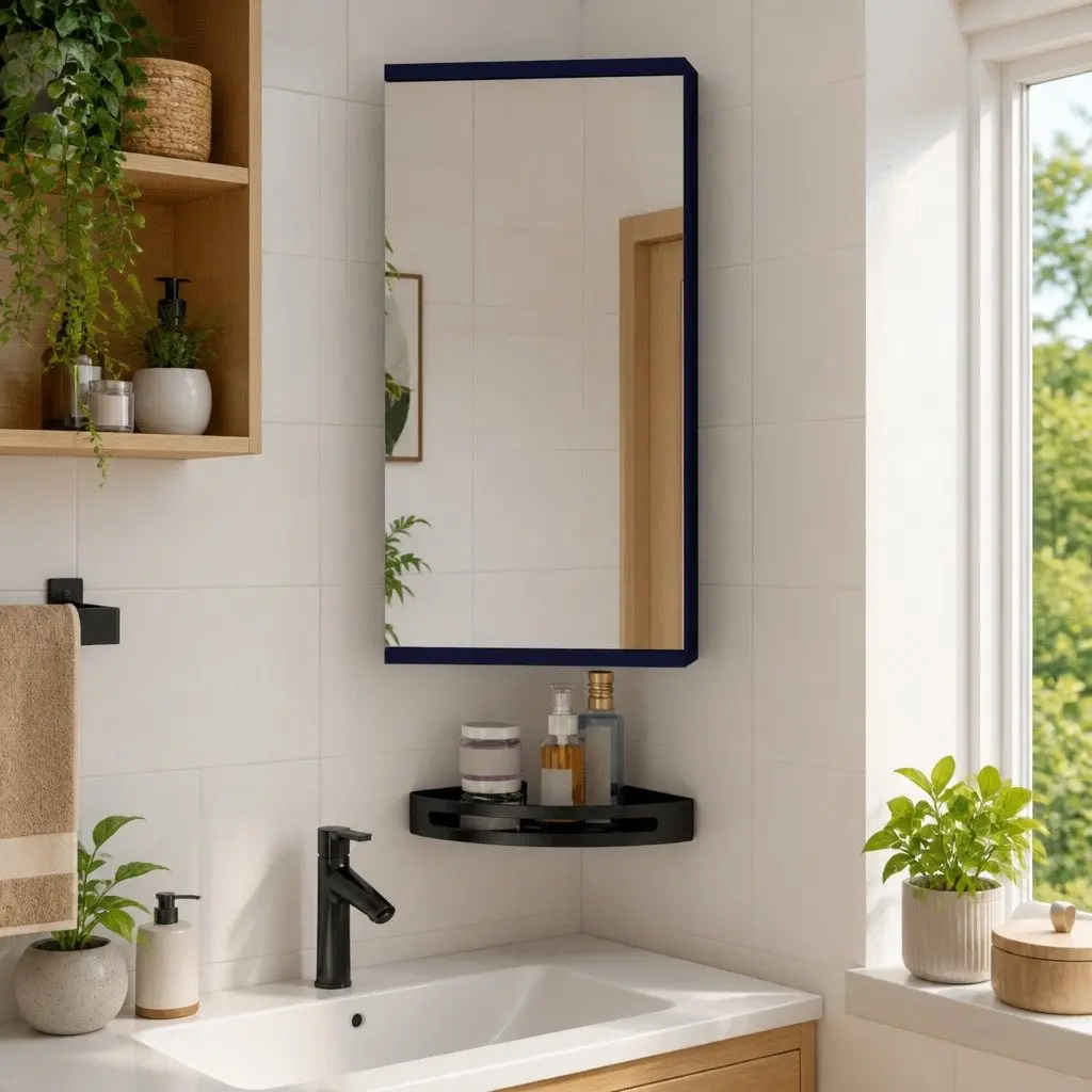 Corner Bathroom Mirror Cabinet Grey Wall-Mounted Storage 30x24x60cm