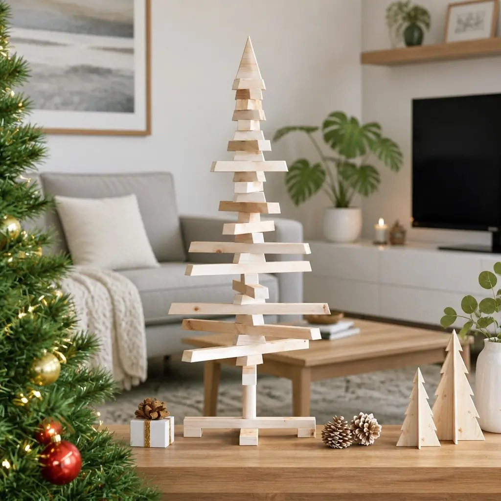 Wooden Christmas Tree Decoration 90cm Solid Pine Wood Rustic Holiday Home Decor