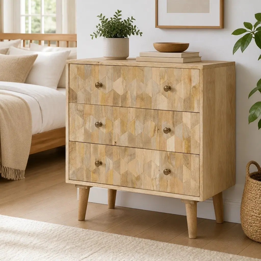 Drawer Cabinet Solid Wood Mango Brown Retro Style 3 Drawers