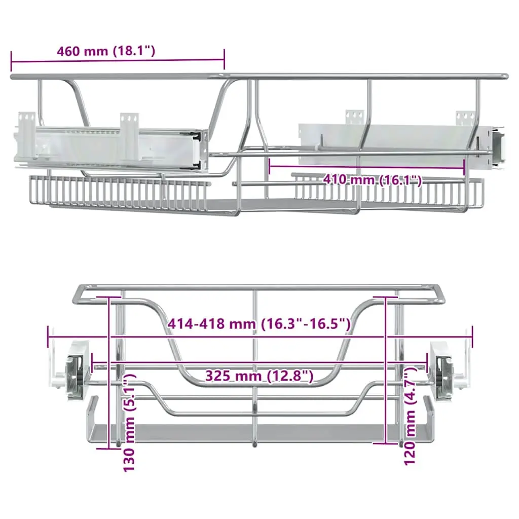 Pull-Out Wire Kitchen Storage Baskets Silver 45cm