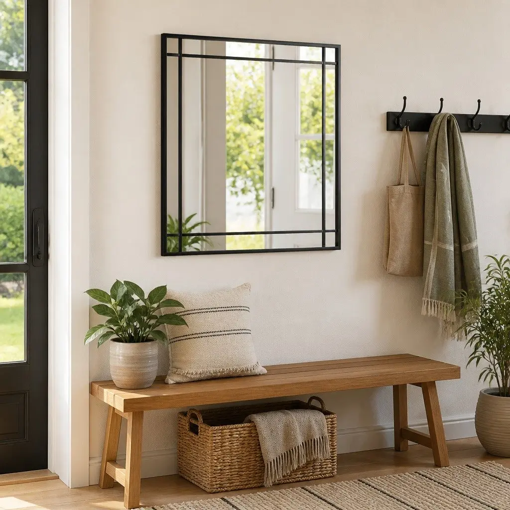 Wall Mirror Black 50x50 cm Square Iron Frame Minimalist Home Decor Bedroom