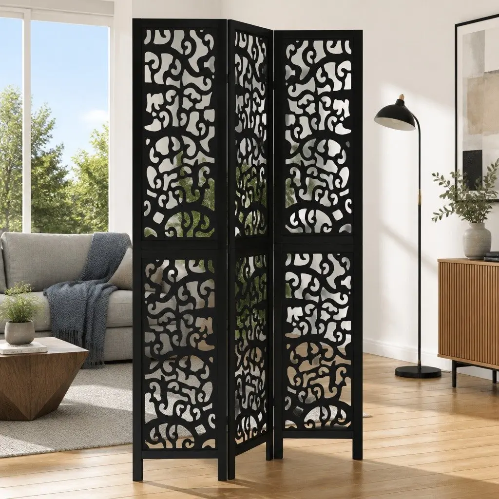 3 Panel Room Divider Black Folding Privacy Screen
