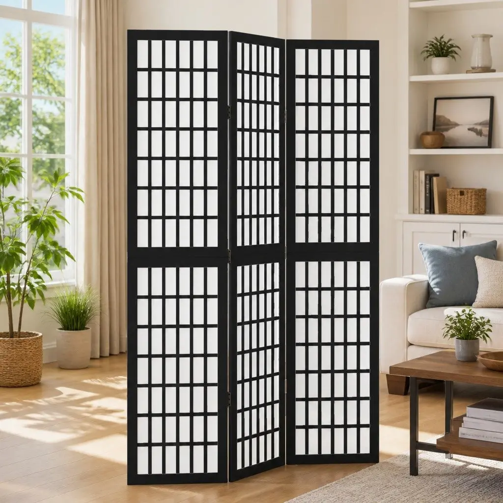 3 Panel Folding Privacy Screen Room Divider Black Paulownia Wood