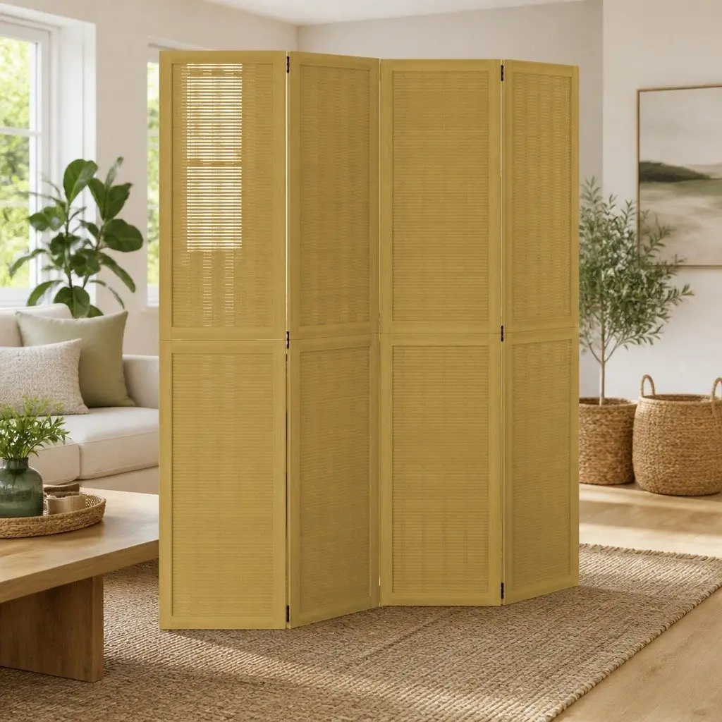 Room Divider 4 Panels Brown Folding Privacy Screen Wood Frame Indoor