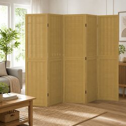 Room Divider 5 Panels Brown Paulownia Wood Privacy Screen Folding Partition