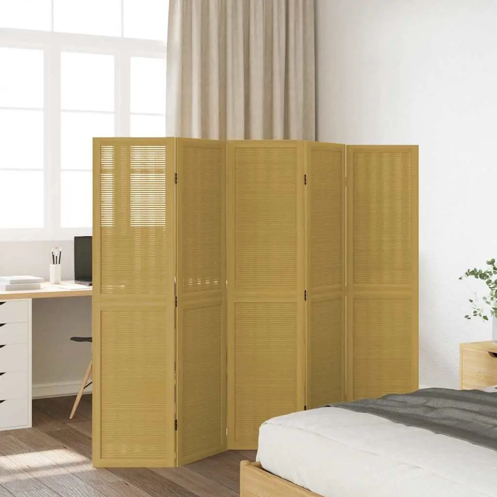 Room Divider 5 Panels Brown Paulownia Wood Privacy Screen Folding Partition