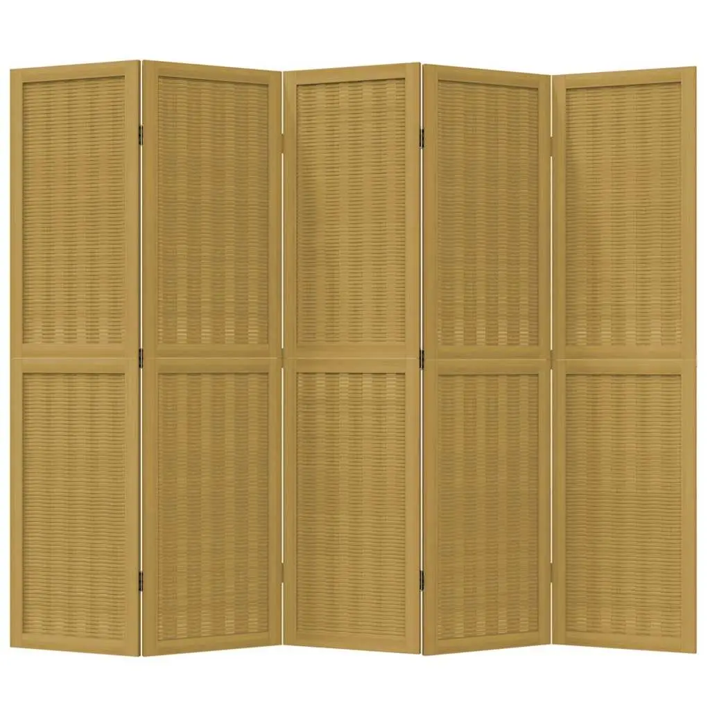 Room Divider 5 Panels Brown Paulownia Wood Privacy Screen Folding Partition