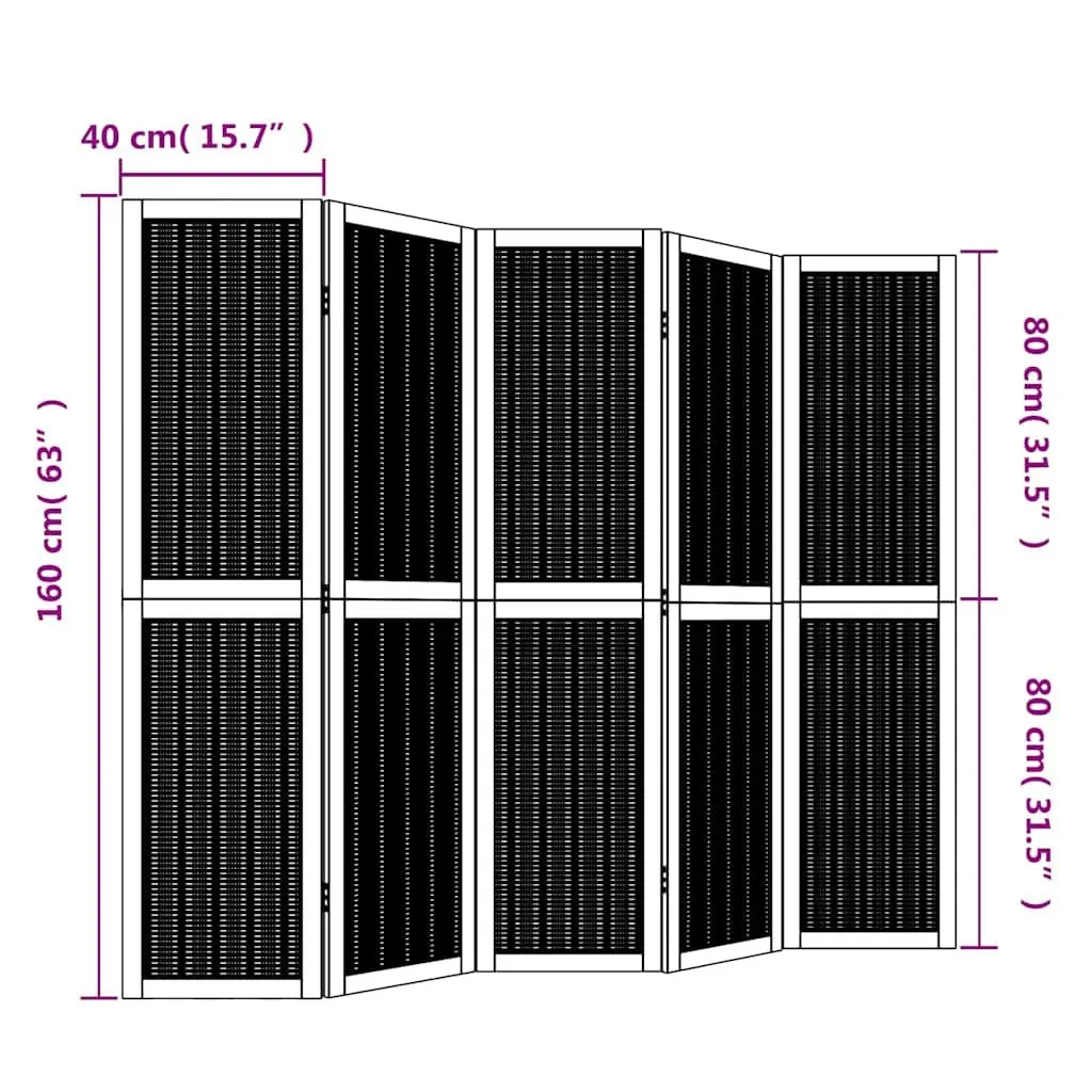 Room Divider 5 Panels Brown Paulownia Wood Privacy Screen Folding Partition