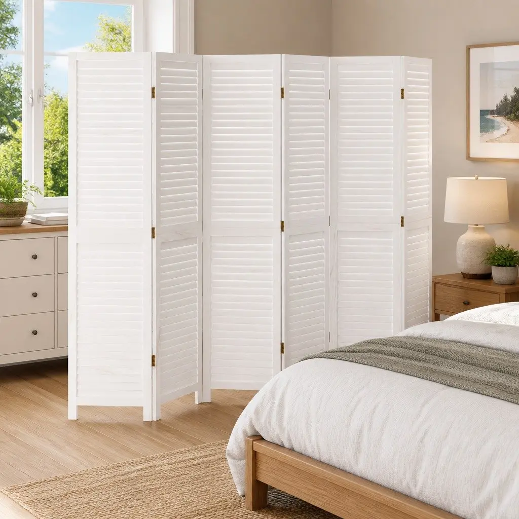 Room Divider Folding Privacy Screen 6 Panels White Solid Wood Paulownia