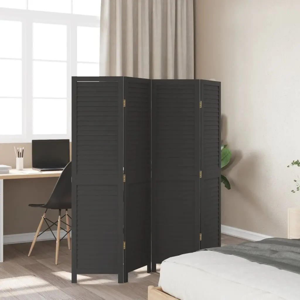 Room Divider 4 Panel Folding Privacy Screen Black Solid Wood Paulownia