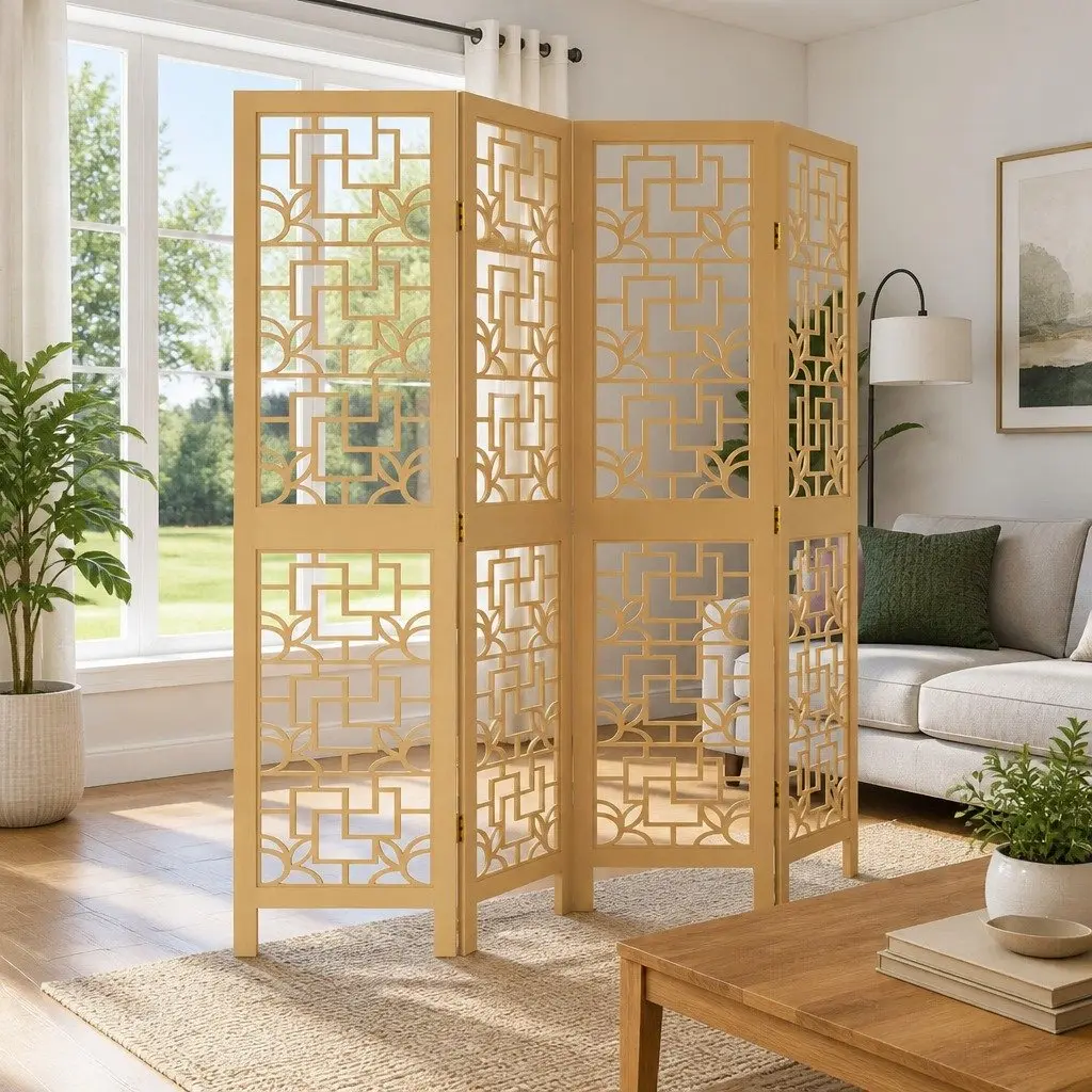 Room Divider Folding Privacy Screen 4 Panels Indoor Decorative Brown